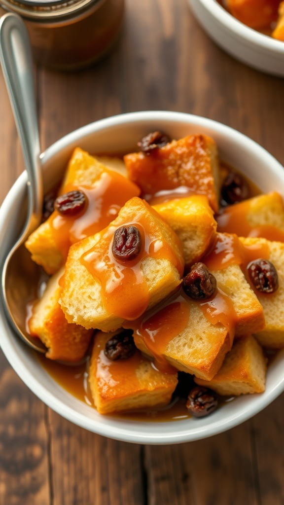 Simple Bread Pudding with Condensed Milk A bowl of bread pudding with caramel sauce and raisins on a rustic wooden table.
